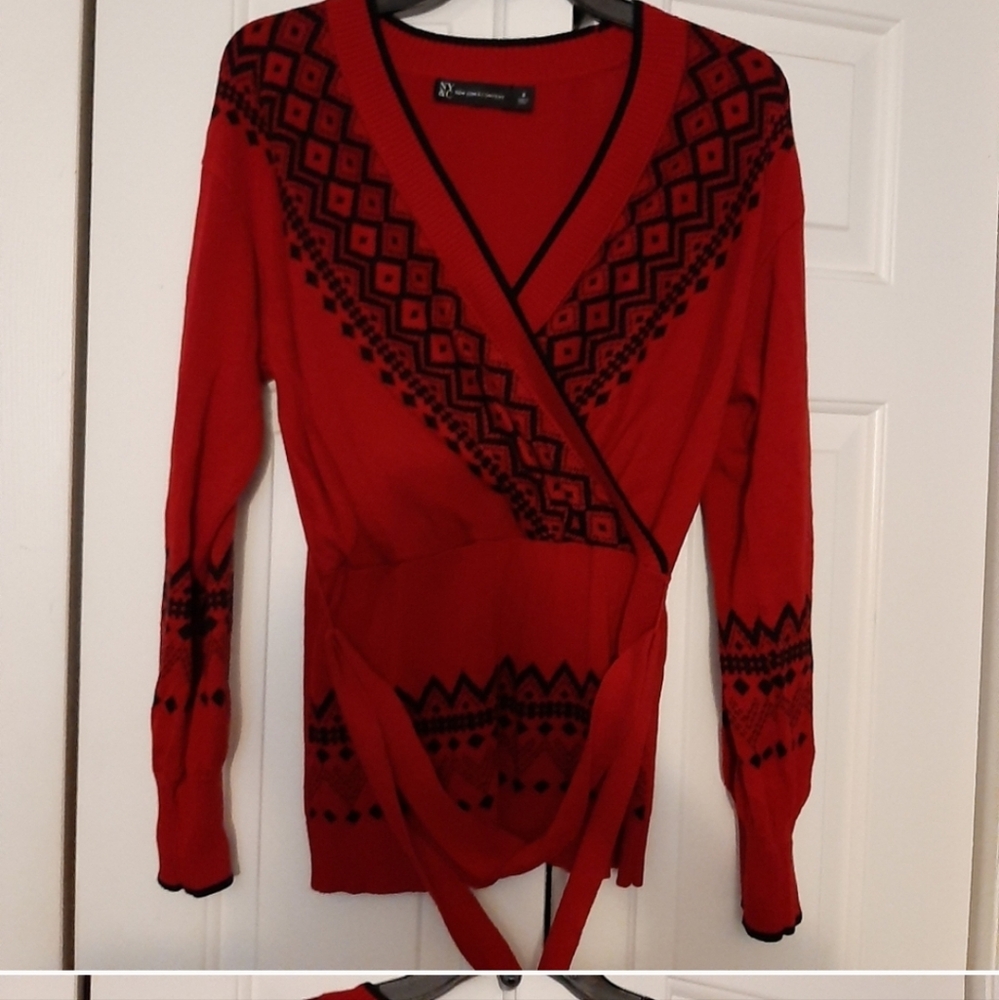 Red and black fair isle sweater.